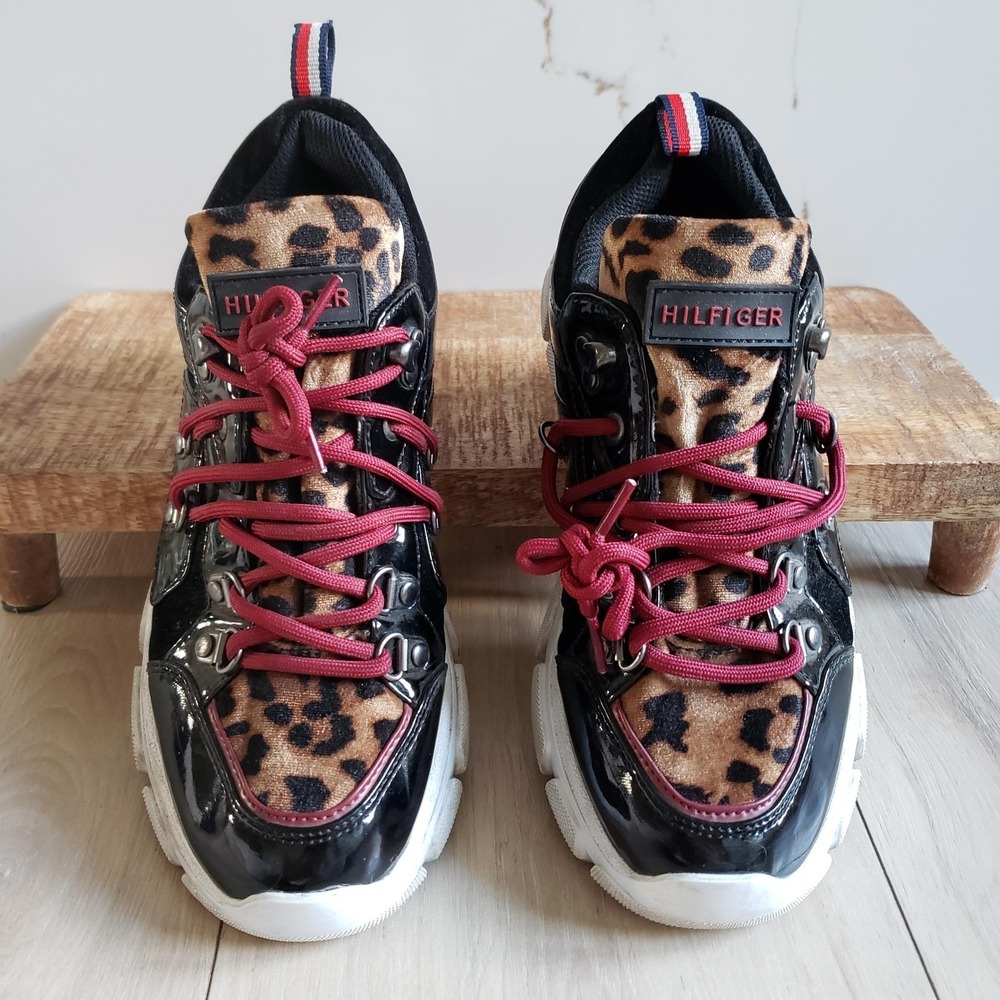 Tommy Hilfiger Nikos Leopard Chunky Platform Sneakers Womens 8 Black Brown Shoes